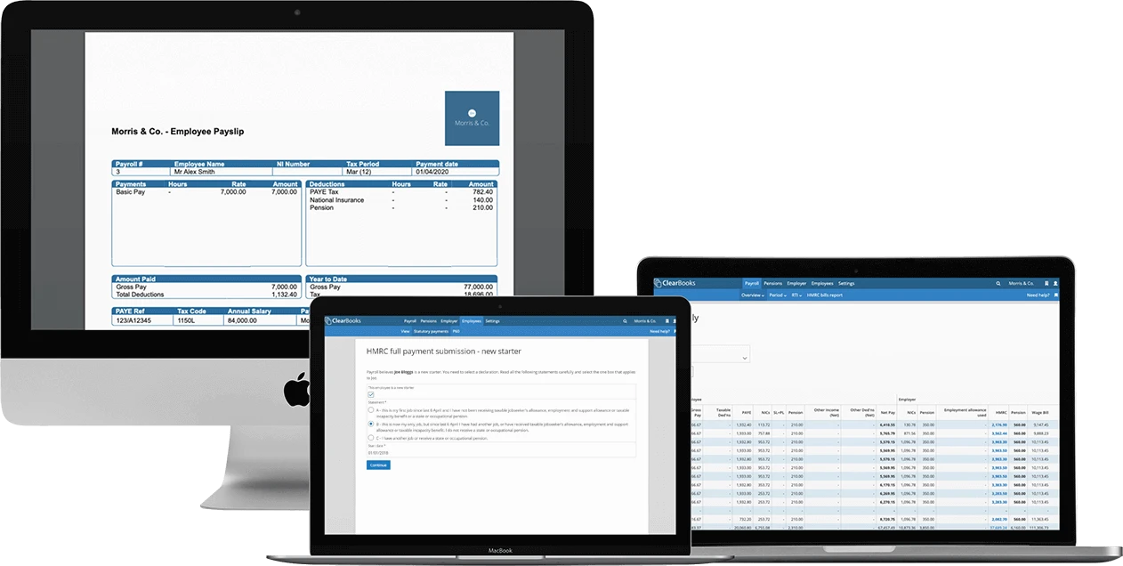 Clear Books payroll shown on desktop and laptop, with a payslip, an HMRC submission and a monthly pay report