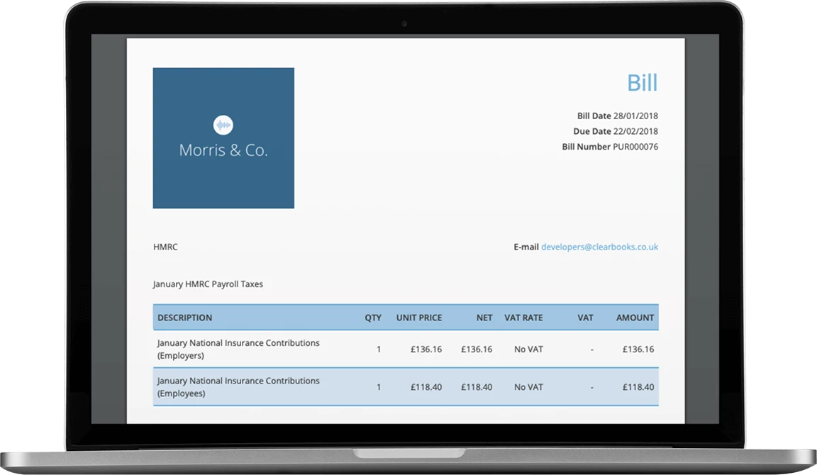 A bill for HMRC payroll taxes generated automatically in Clear Books