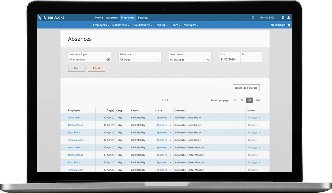 Employee absences and leave requests tracked in Clear Books