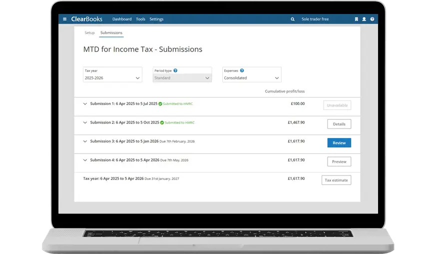 MTD quarterly update submission inside Clear Books