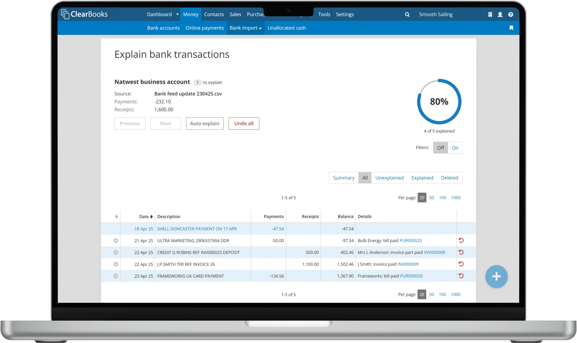 Bank feed transactions in Clear Books matched to invoices and bills
