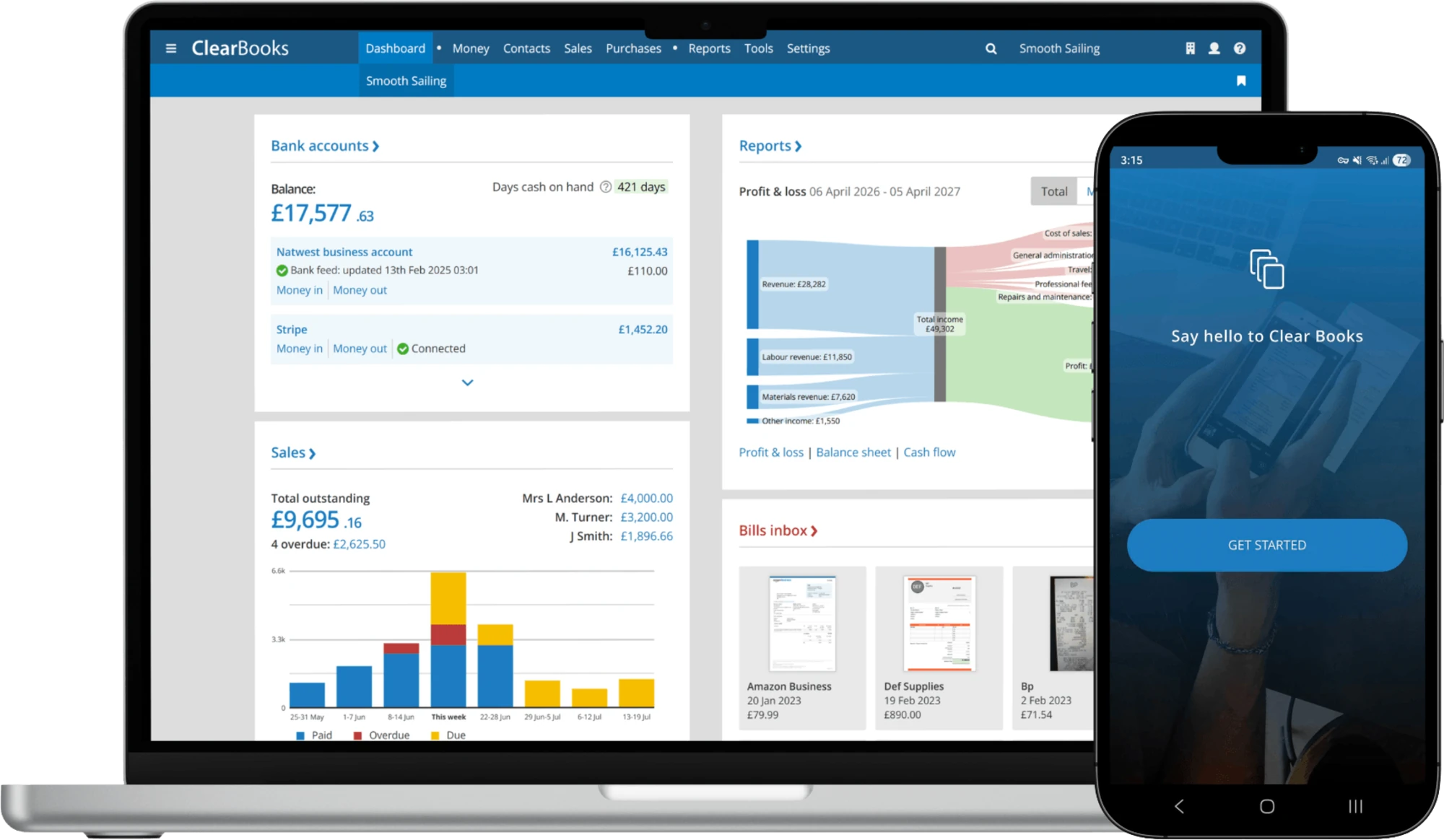 The Clear Books dashboard on a laptop next to the mobile app on a phone