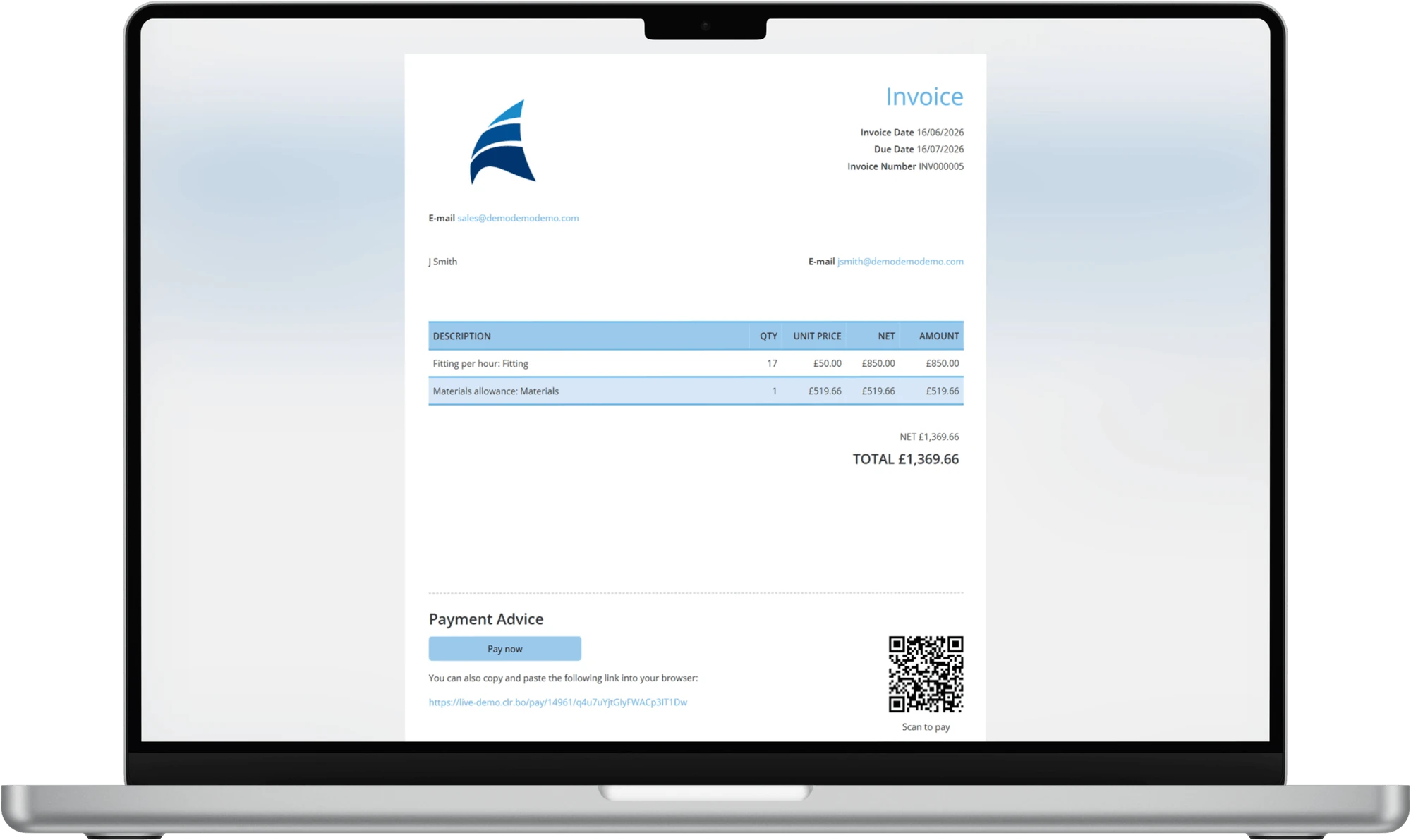 A branded Clear Books invoice with a Pay now button and QR code