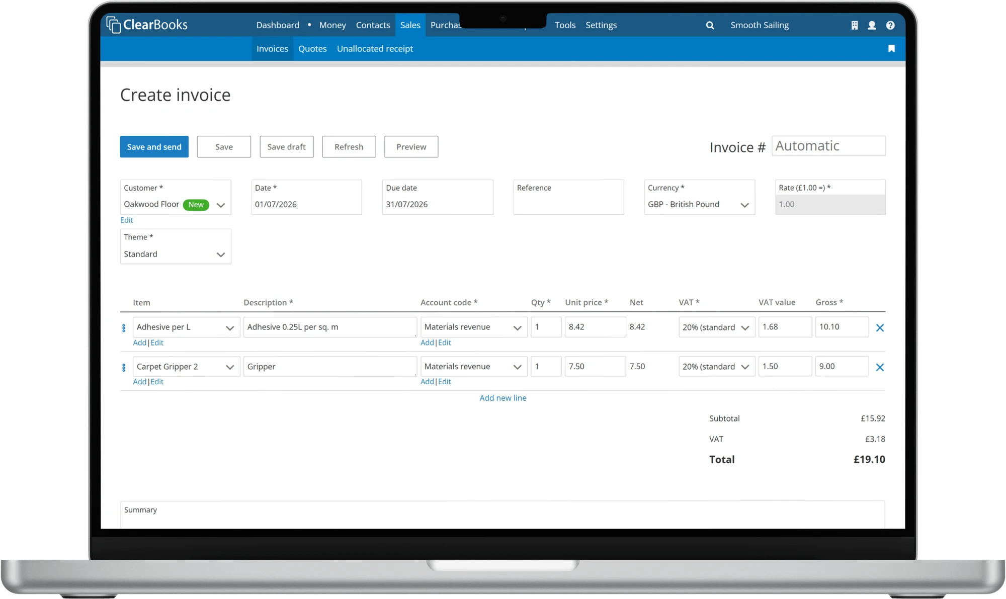 Creating an invoice in Clear Books with line items, VAT and running total
