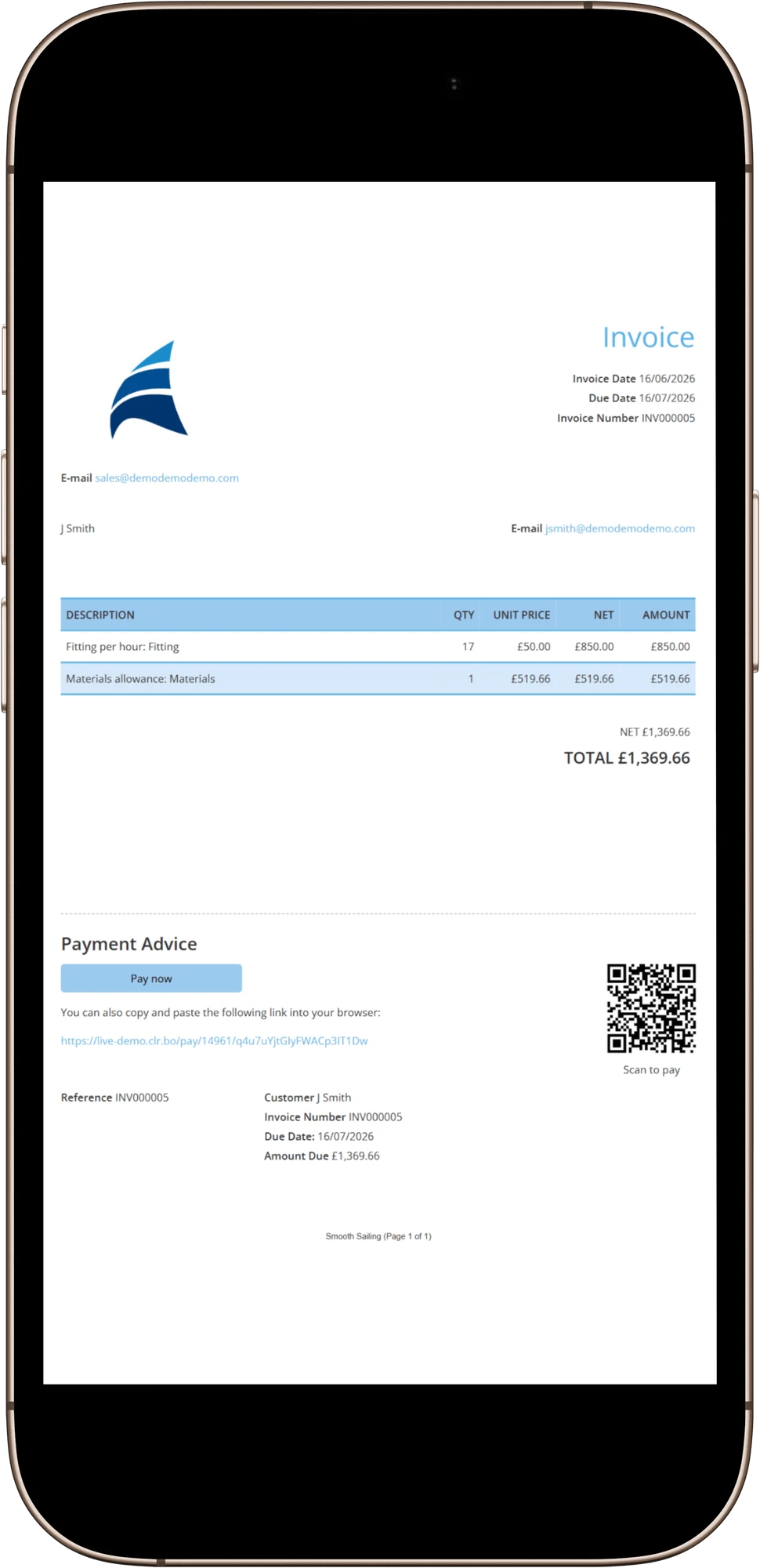 A Clear Books invoice on mobile with a Pay now button