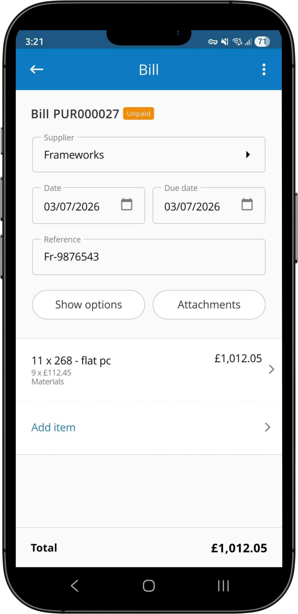 A business bill ready to pay with click-to-pay in Clear Books