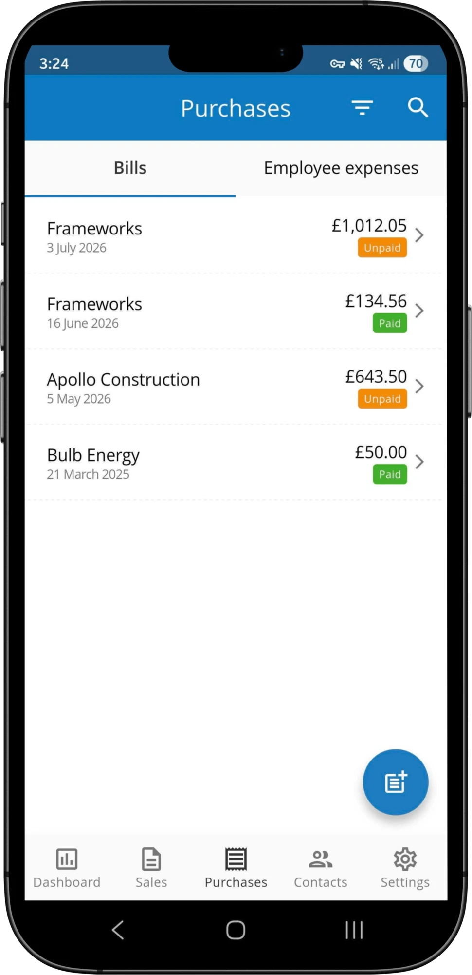 Bills and spending tracked in the Clear Books mobile app