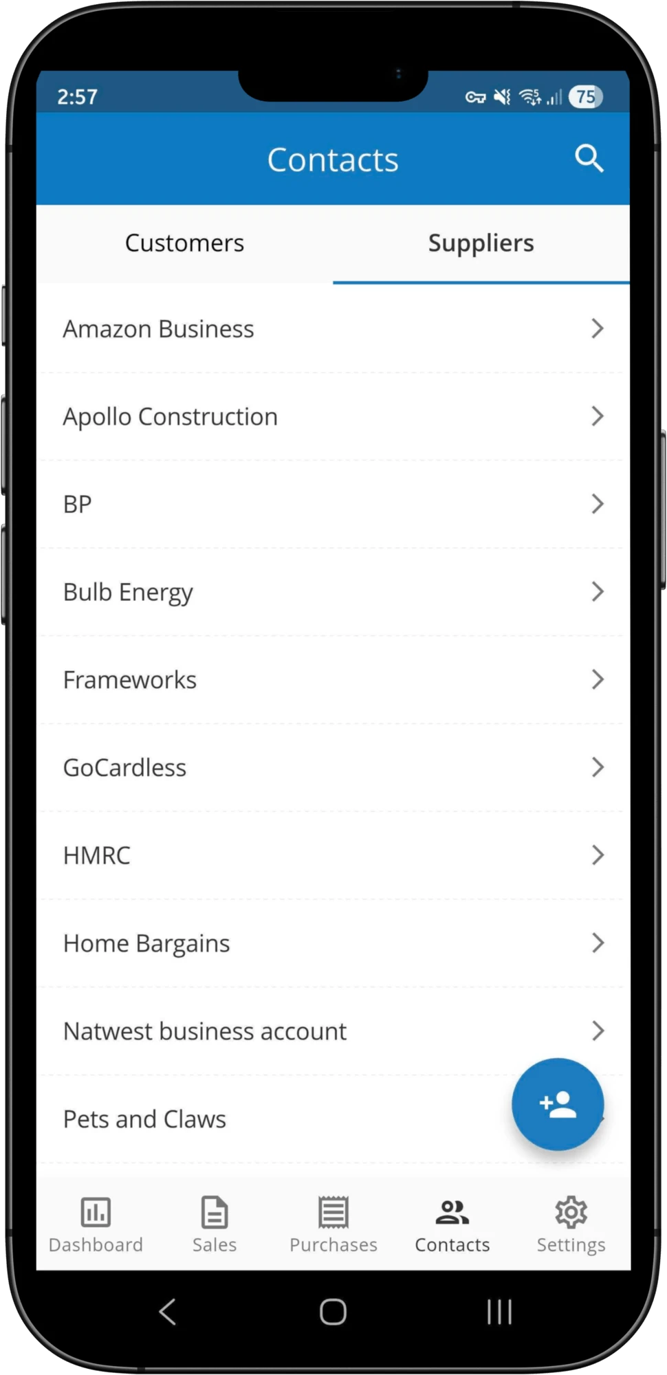 Managing customer and supplier contacts on Clear Books Mobile