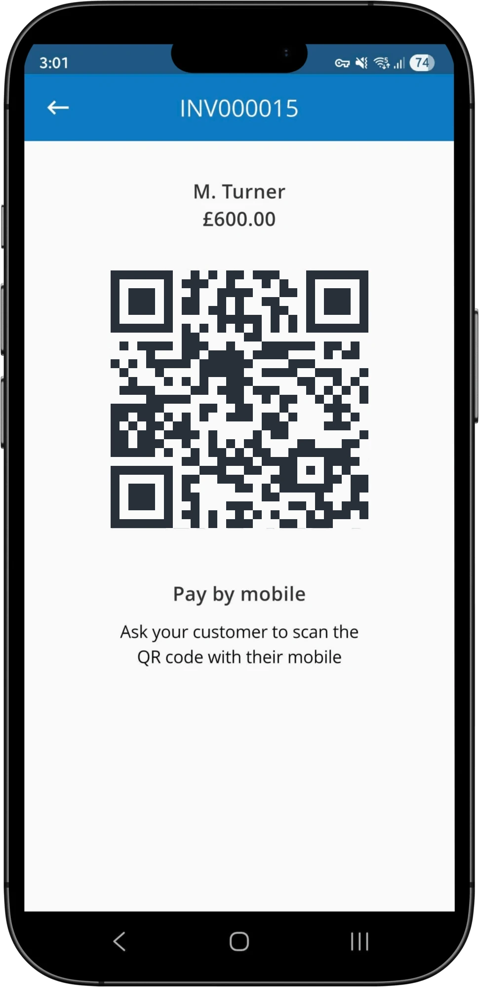 Showing a payment QR code on Clear Books Mobile for an Instant Bank Payment