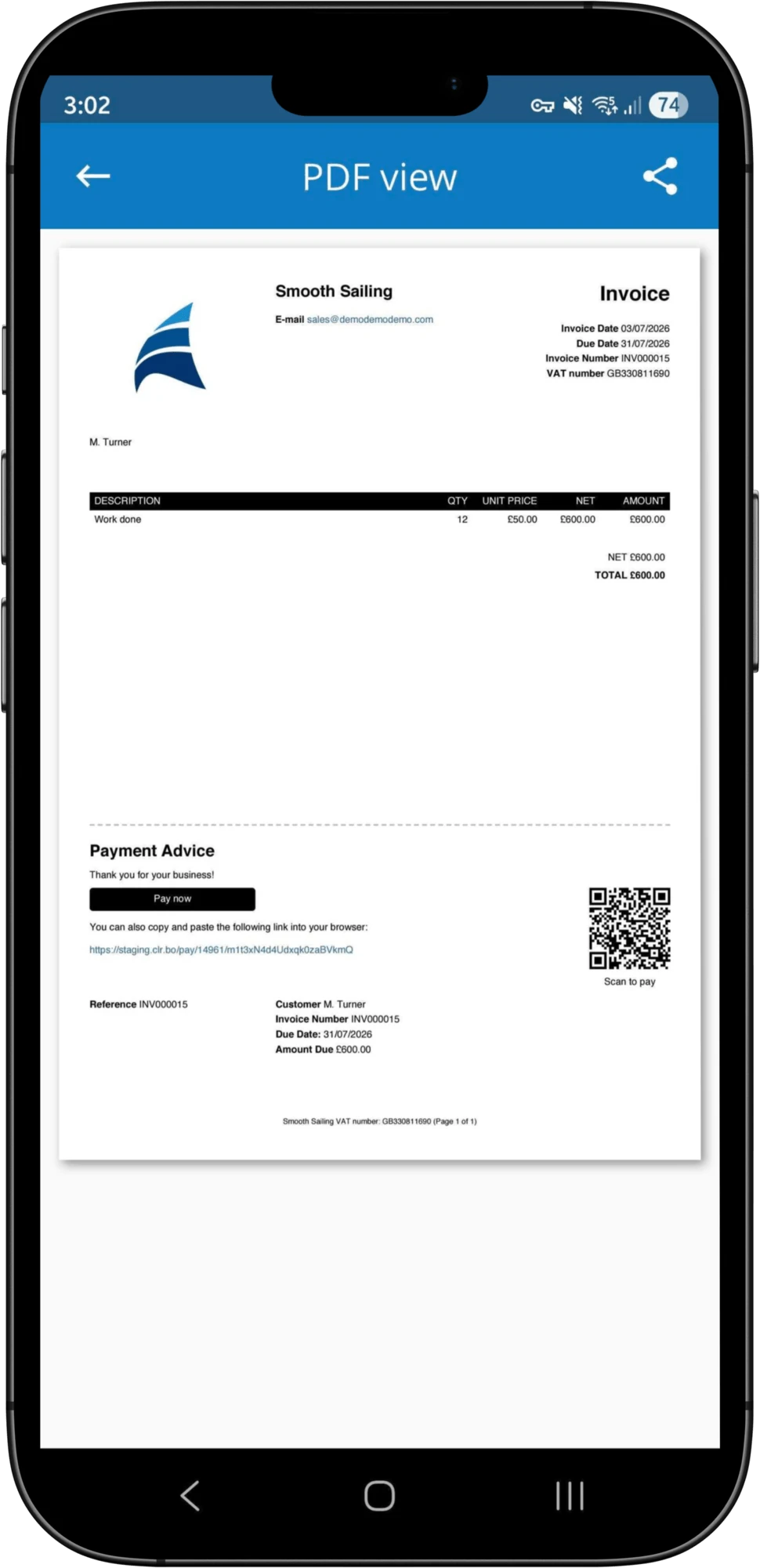 A Clear Books invoice on mobile with a Pay now button and QR code
