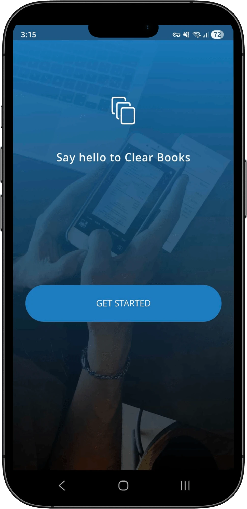 The Clear Books Mobile welcome screen with a Get started button