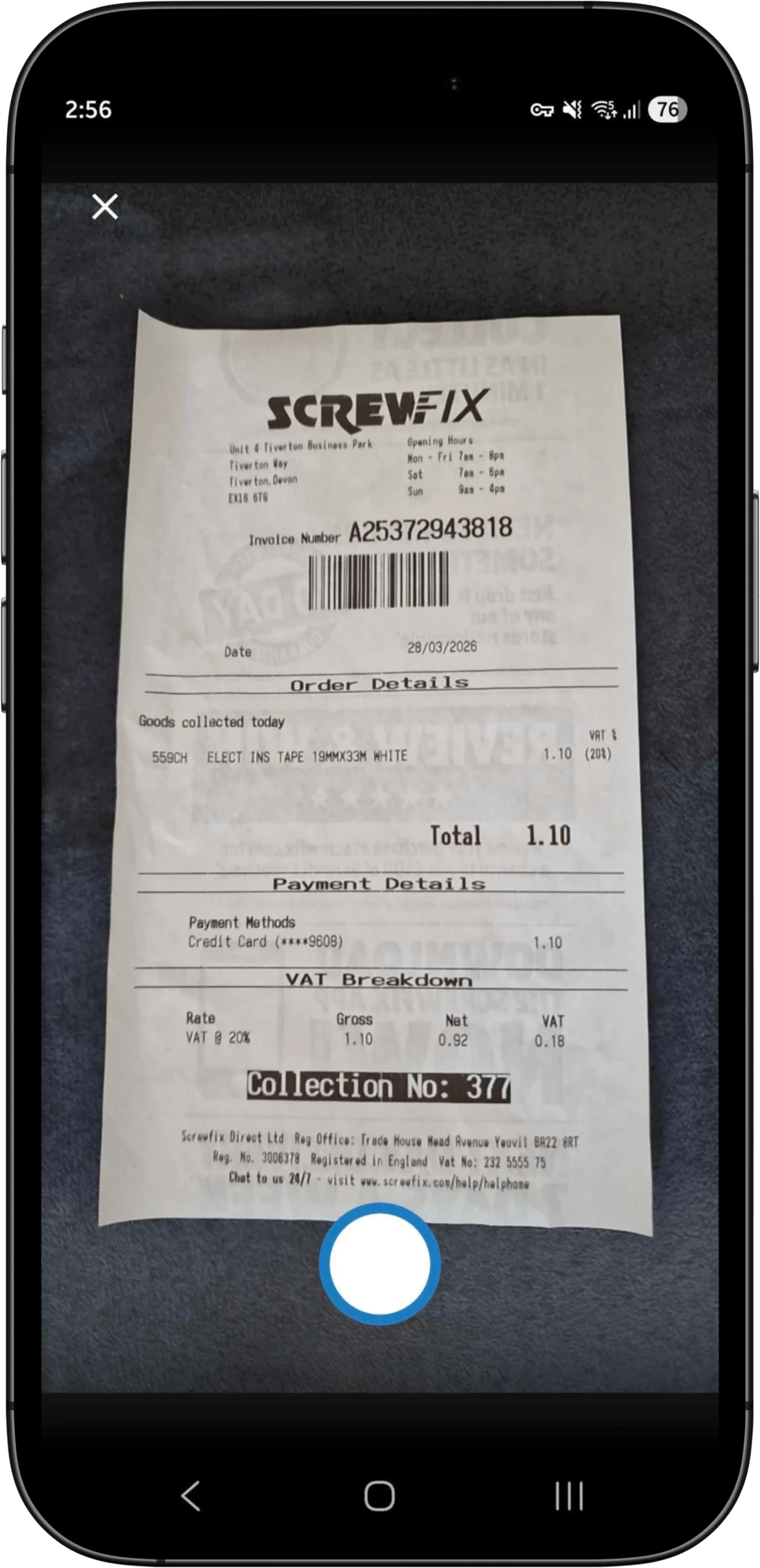 Snapping a receipt with Auto Bills in the Clear Books mobile app