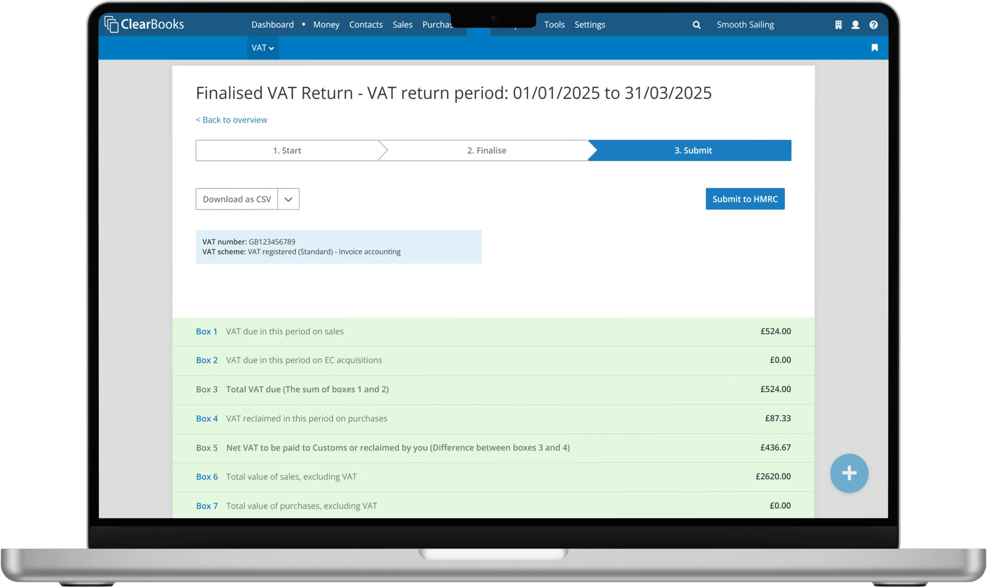 An MTD VAT return in Clear Books ready to submit to HMRC